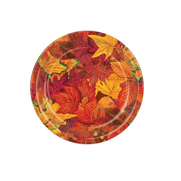 Club Pack of 96 Majestic Red and Gold Fall Leaf Thanksgiving Party Plates 7"