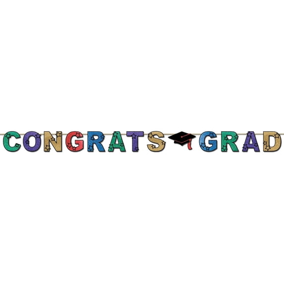 Beistle Colorful Congrats Grad Cap Decoration Glitter Streamer 10' Graduation Banner