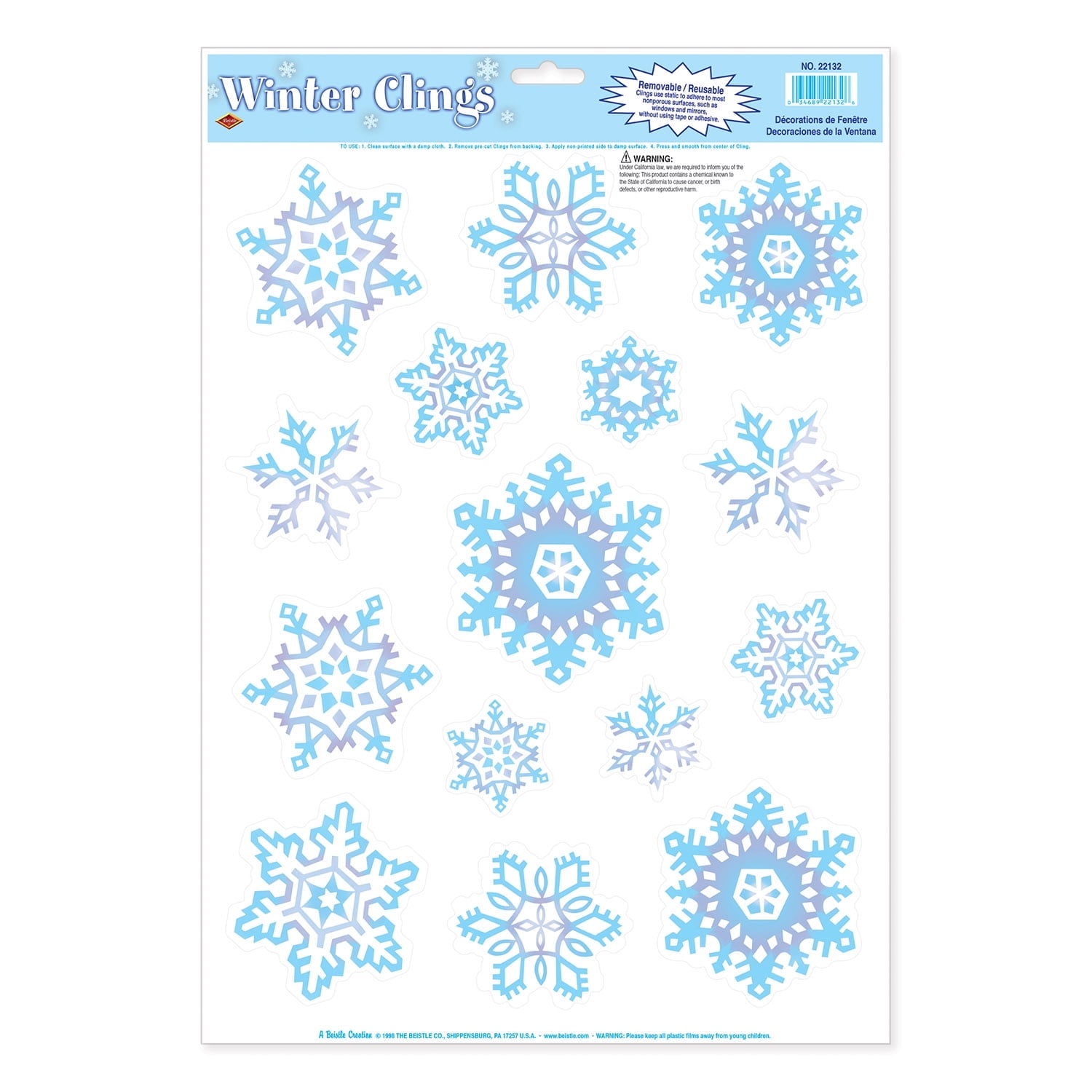 Beistle - Crystal Snowflake Clings - 12" x 17" Sh - Pack of 12