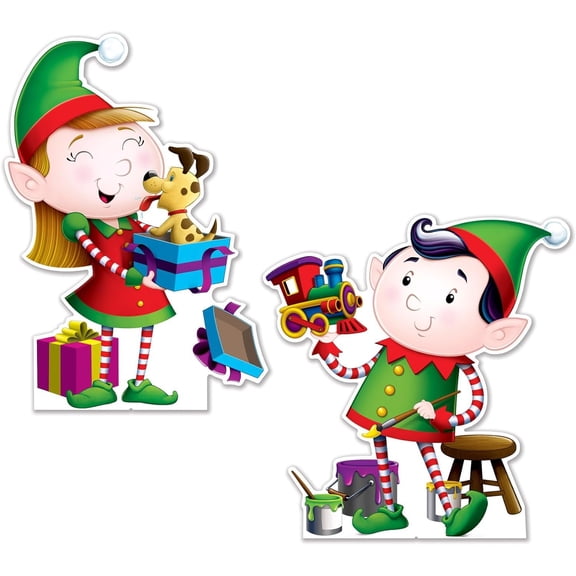 Beistle 2 Piece 29.5" x 28" & 34.25" x 24" Cardboard Elves Photo Props with Easels Stand Up Xmas Holiday Party Decorations, Multicolor