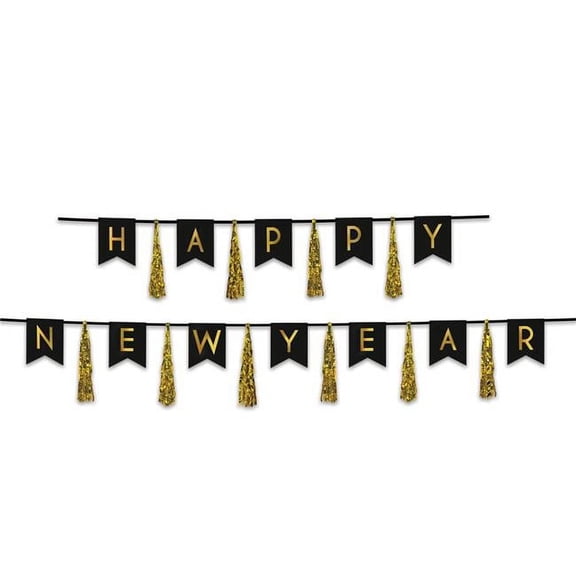 Beistle Happy New Year Tassel Streamer - Black & Gold - 13 in. x 6 ft. & 13 in. x 9 ft. - Pack of 12