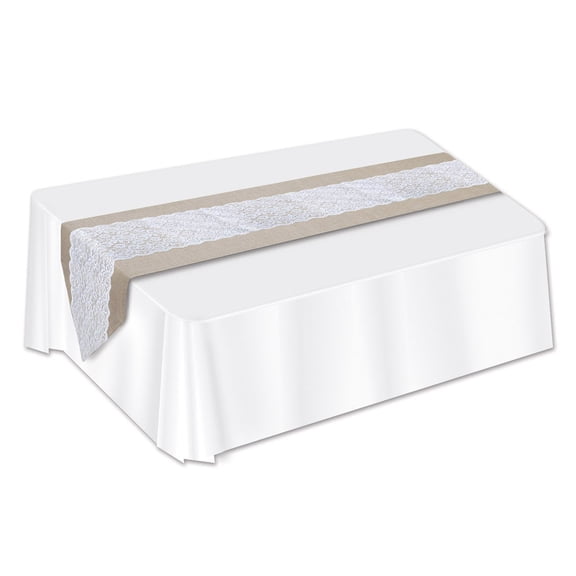Beistle Lace & Burlap Table Runner, 12" x 6', Tan/White