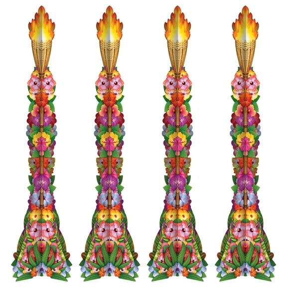 Beistle Large 4 Piece 3' 11" Corrugated Cardboard Three Dimensional Luau Theme Tiki Torch Photo Booth Props, Hawaiian Tropical Photography Background, Made in USA Since 1900
