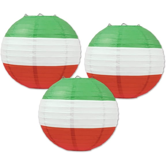 Beistle Multicolored Round Shaped Paper Lanterns, 9 1/2-inch, Red/White/Green
