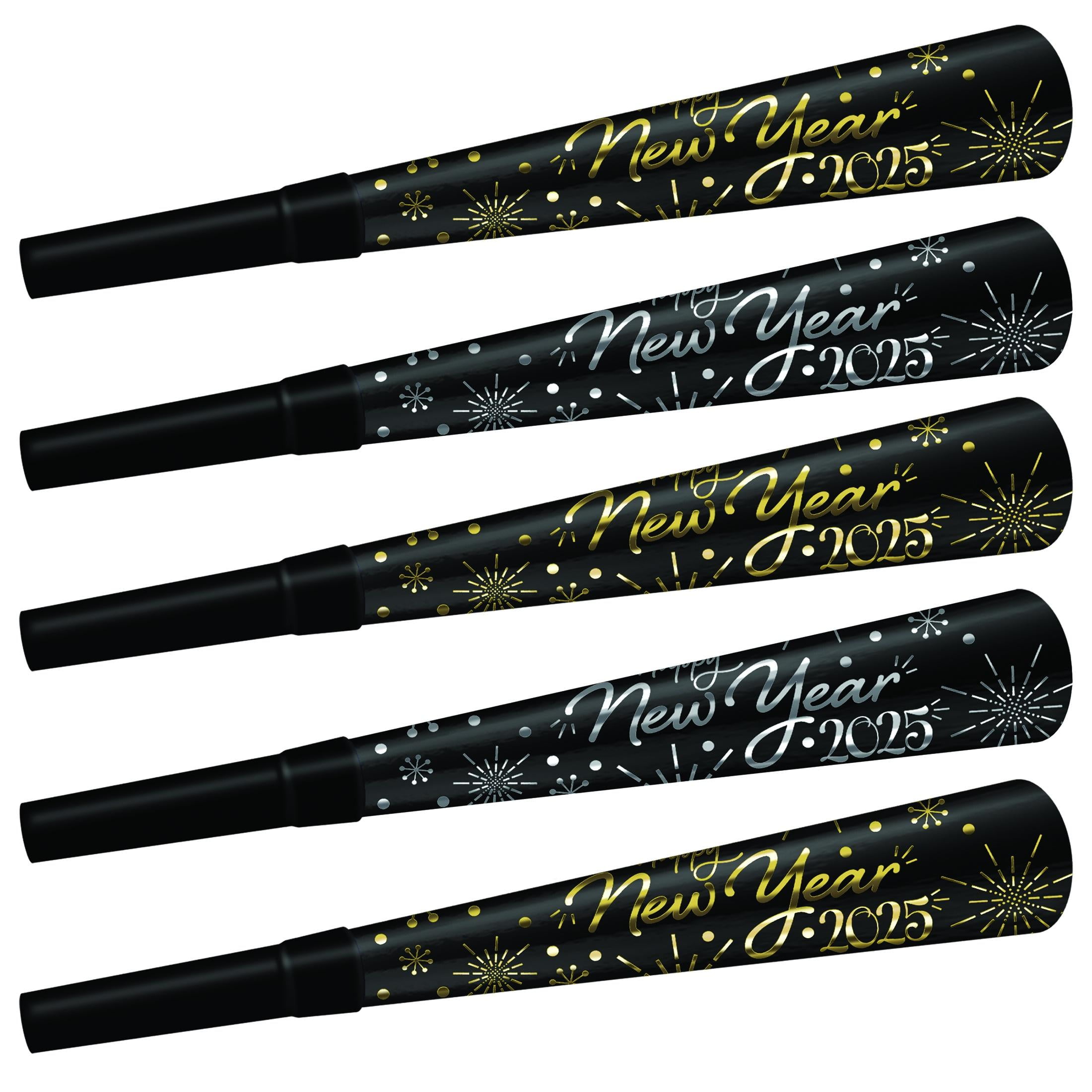 Beistle New Year's Eve "2025" Gold And Silver Foil Horns Party Noisemakers, 5/Pkg