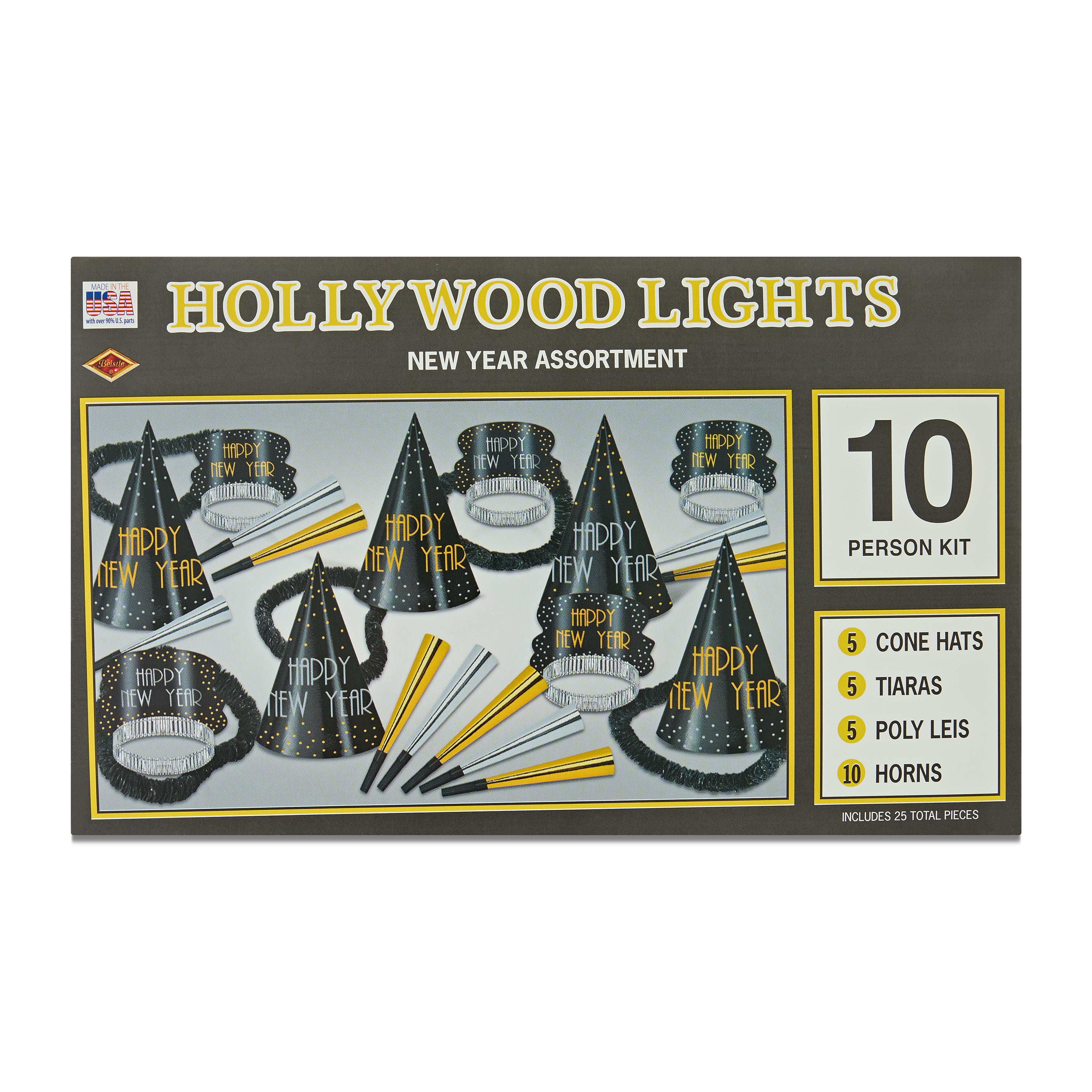 Beistle New Years Eve Black, Gold, and Silver Hollywood Lights Party Kit for 10 People