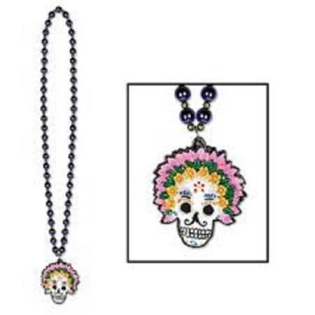 12 Pack Beistle Bead Necklace with Day Of The Dead Medallion