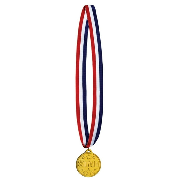 Pack of 12 Gold Star Medal with Red, White, and Blue Ribbon 30"