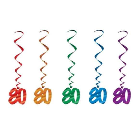 Beistle Pack of 30 Assorted Color 80th Birthday Metallic Spiral Hanging Party Decoration Whirls 36"