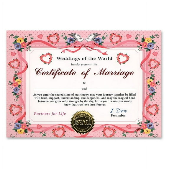 Pack of 6 ''Certificate Of Marriage'' Certificates 5" x 7"