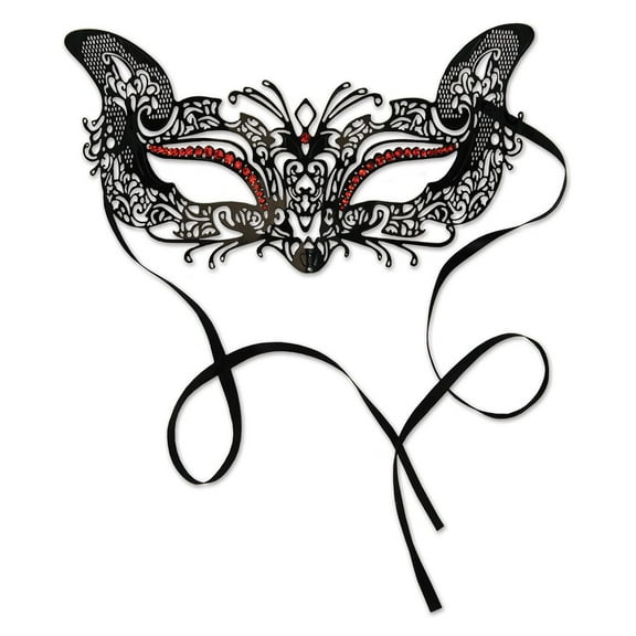 Beistle Pack of 6 Elegant Black and Red Cat Eye Metal Filigree Mardi Gras Masquerade Masks - One