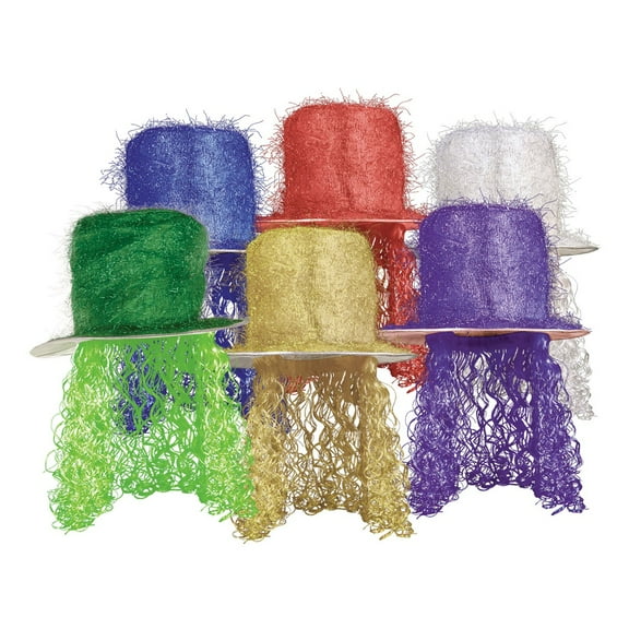 Beistle Pack of 6 Multi-Colored New Year's Eve Tinsel Top Hat with Wig Party Favor Costume