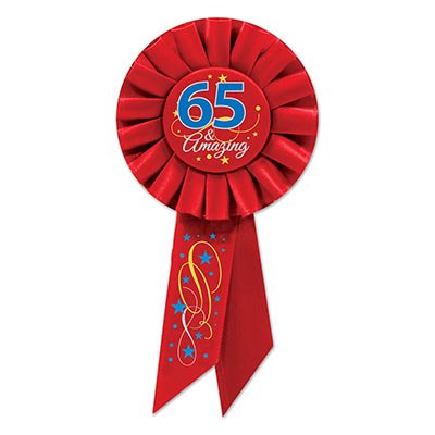 Pack of 6 Red '65 and Amazing' Party Celebration Rosette Ribbons 7.75"