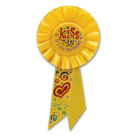 Beistle Pack of 6 Yellow "Kiss MeBirthday" Party Celebration Rosette Ribbons 6.5"