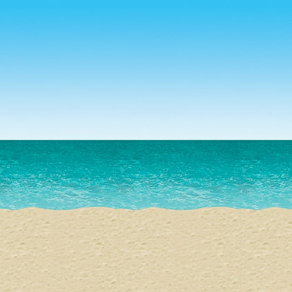 Beistle Printed Plastic Ocean & Sandy Beach Photo Backdrop Summer Tropical Photography Background for Luau Party, Pkg of 1, Blue/Sand