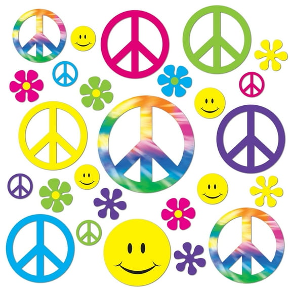 Beistle Retro 60's Wall Cutotus 42 Piece Smiley Face Peace Sign Flower Decorations, 2" - 11", Multicolored