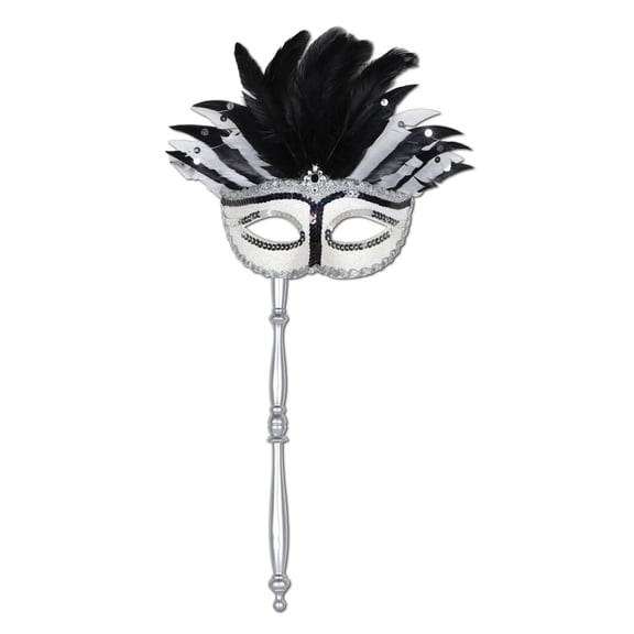 Beistle Set of 12 Elegantly Glittered White, Silver and Black Feathered Mardi Gras Masquerade Masks