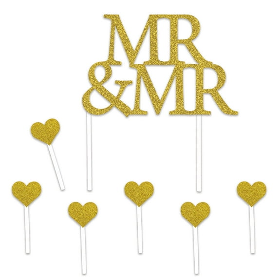 Set of 12 Gold Mr & Mrs Cake Topper and Hearts 8.5"
