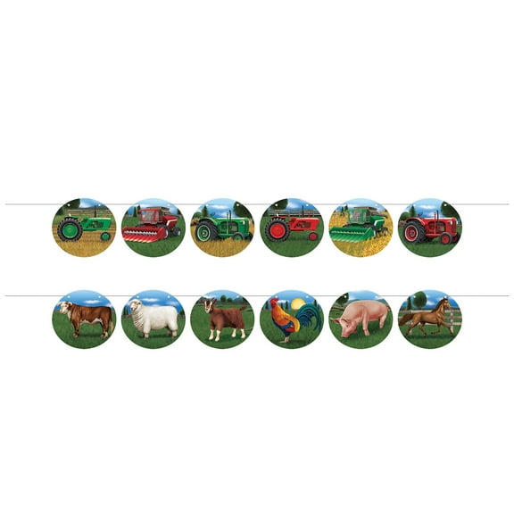 Set of 12 Multicolor Tractors and Farm Animals Streamer 12"