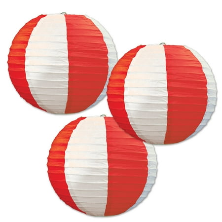 Red & White Stripes Paper Lanterns, 9.5", (3/Pkg)
