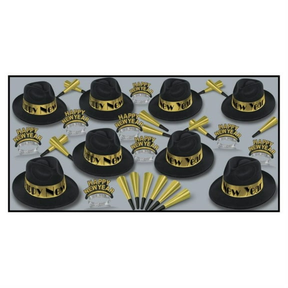 Beistle Swing Assortment for 50 People  New Years Eve Party Favors Supplies  Hats, Tiaras, Noisemaker Horns, One Size, Black/Gold