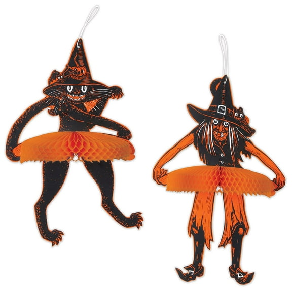 Beistle Vintage Halloween Tango Witch & Cat, 15" - 16", Black/Orange/White