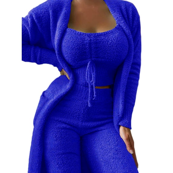 Beiwei Women Warm Solid Color Fuzzy 3 Piece Sweatsuit Open Front Scoop Neck Lounge Sets Wide Leg Cardigan Outfit Set Blue L