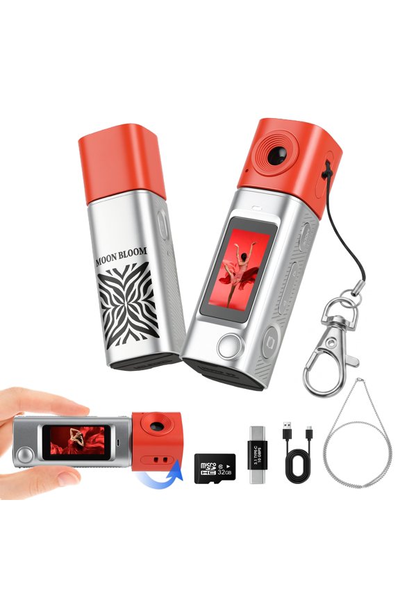2K Mini Digital Camera, 1‑Inch LCD Keychain Camera with 270° Rotatable Lens, 21 Filters, 32GB Card, Android OTG Transfer for Teens Beginners Travel Gift