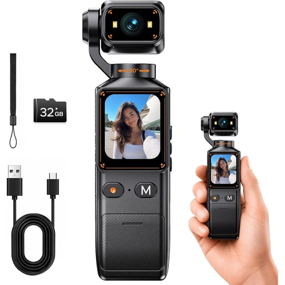 Beixiya 2K Pocket Vlogging Camera,Manual 180 Vertical & Horizontal Rotatable Lens,7Hour Battery WiFi App Control Webcam with 32GB SD Card for Content Creators Travel Vlog