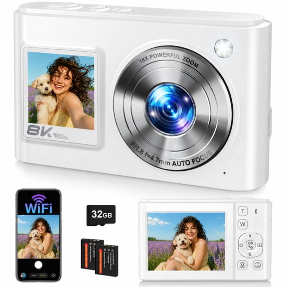 Beixiya 8K Digital Camera,96MP Autofocus Vlogging Camera with DualScreen AntiShake 16X Zoom WiFi 60 Filters,32GB Card 2 Batteries for Teens Beginners Travel