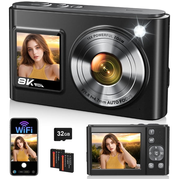 Beixiya 8K Digital Camera,96MP Autofocus Vlogging Camera DualScreen AntiShake 16X Zoom WiFi 60 Filters with 32GB Card 2 Batteries for Teens Beginners Travel