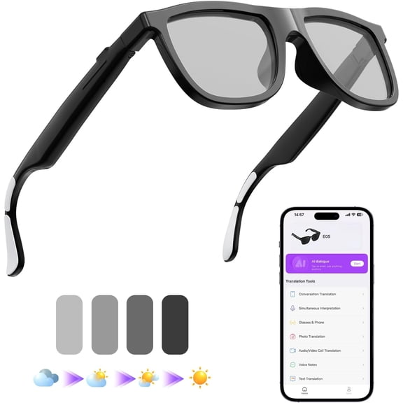 Beixiya AI Smart Glasses with Color-Changing Lenses, Translation Glasses Support 164 Languages, Music Playback, Hands-Free Calls, UV Protection for Men Women, Black