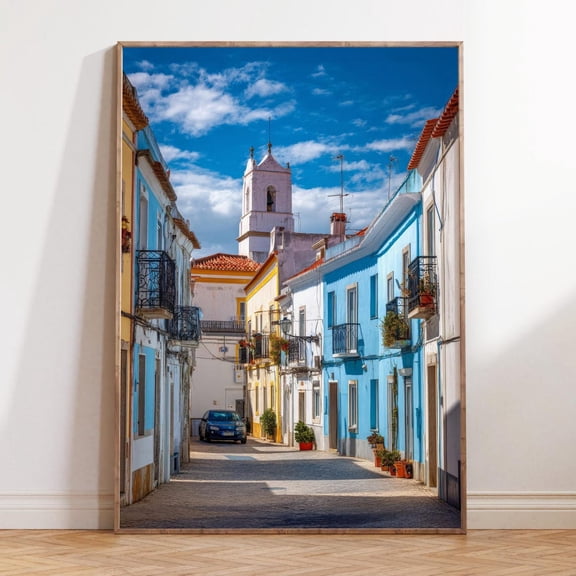 Beja Portugal Blue Streets Mediterranean Town Wall Art Unframed Paper Print