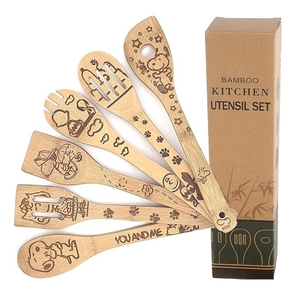 Bejky 6-Pcs Wooden Bamboo Spoons Set - Organic Food Cooking Utensils - Kitchen Accessories and Home Decor - Cookware Gifts for Women - Nonstick Easy Wash Spatulas - 3D Engraved Patterns ( Dog)