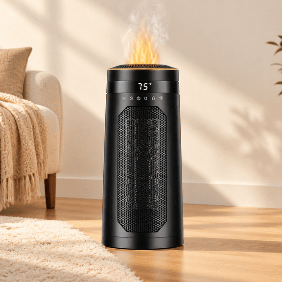 Bejoy 1500W Oscillating Space Heater with Humidifier, Fast Ceramic Tower Heater with 3D Flame Effect, 12H Timer & Remote Control, Portable Electric Heater for Bedroom Living Room Office