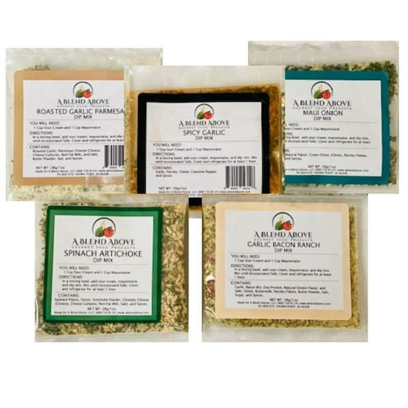 Bek Brands Dip Mix 5 Pack, Roasted Garlic Parmesan, Maui Onion, Garlic Bacon Ranch, Spicy Garlic, Spinach Artichoke