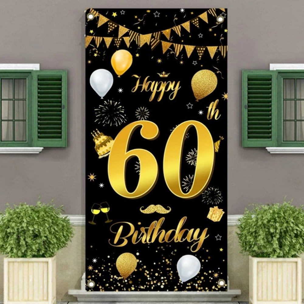 Bekayaa 1pc 60th Birthday Backdrop Banner, Extra Large Black Gold Sign Poster for Men Women, Party Background (Gold, 60th), 1pc