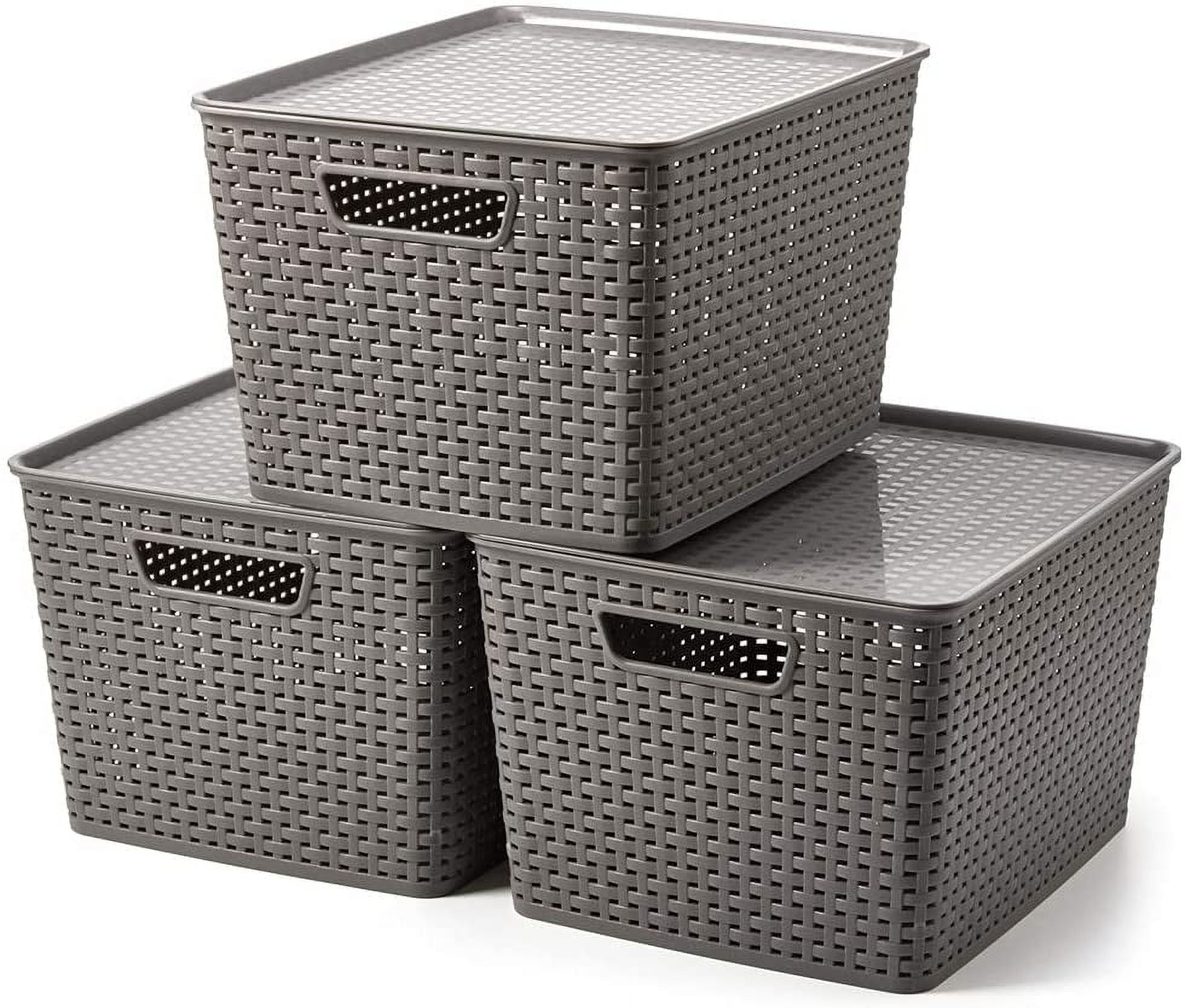 Bekayaa 3 Large Woven PP Plastic Baskets, Gray, 4127.525.6cm, Stackable with Lids