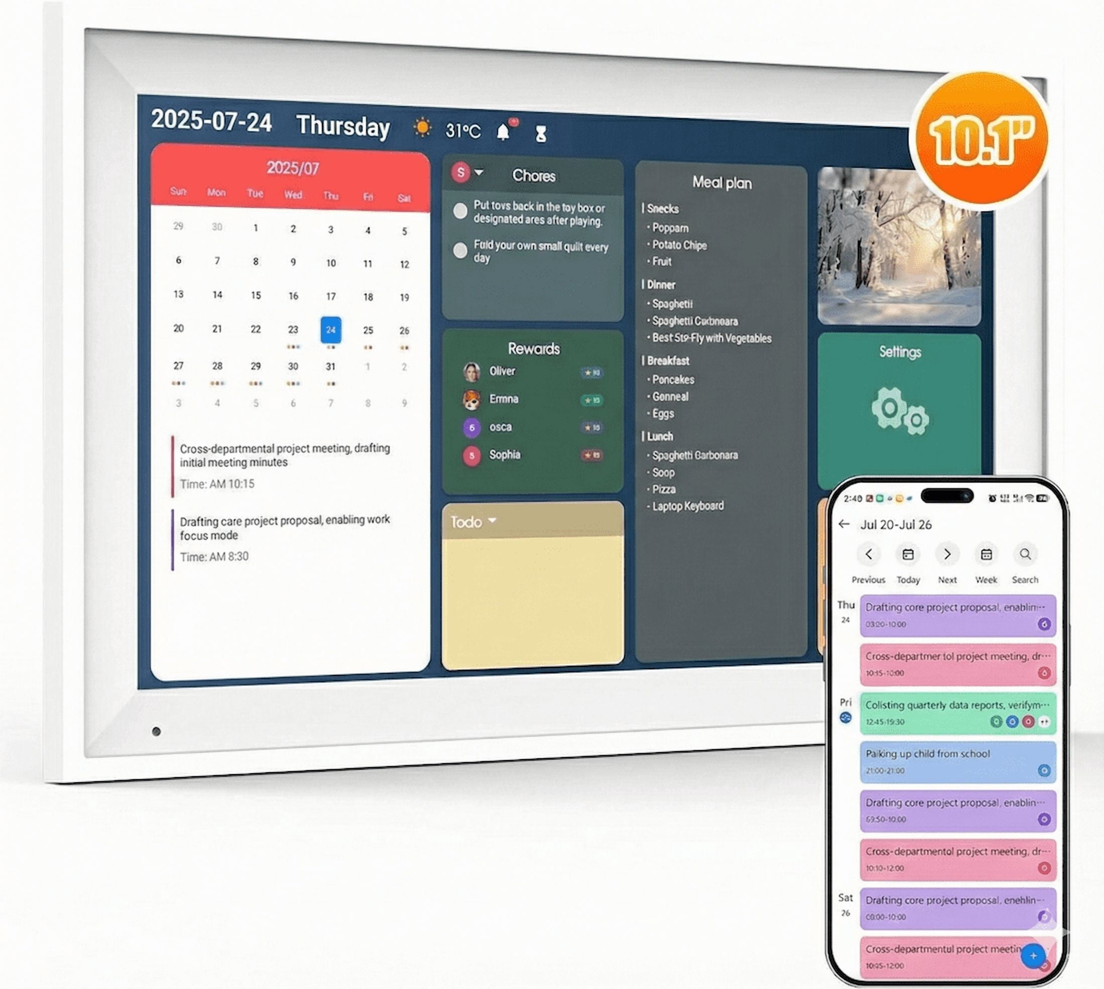 BekinTek 10.1 Inch Digital Calendar & Smart Chore Chart, 1080P Touchscreen Family Schedule Planner with 32GB WiFi, Meal Planner, Wall & Desk Mount