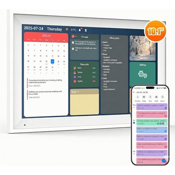 BekinTek 10.1 Inch Digital Calendar & Smart Chore Chart, 1080P Touchscreen Family Schedule Planner with 32GB WiFi, Meal Planner, Wall & Desk Mount