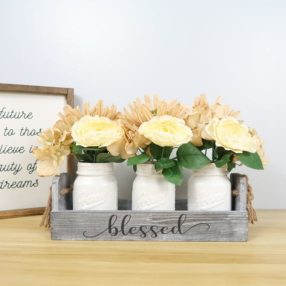 Bekitchen Centerpieces Table Decor with 3 White Ceramic Mason Jars & Rose Bouquet Flower