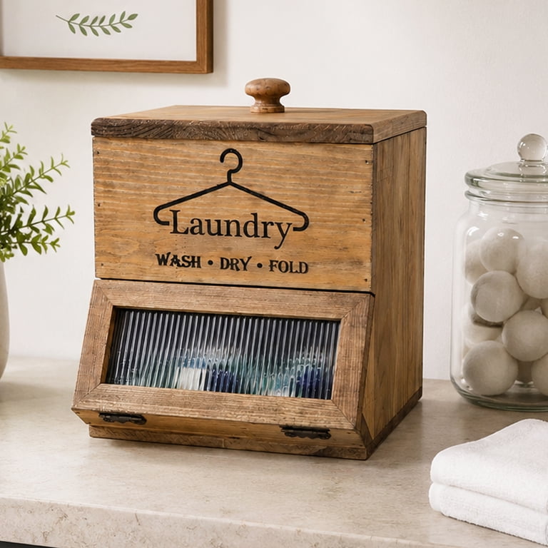 Bekitchen Wooden Laundry Pod Holder & Dryer Sheet Container, Farmhouse Laundry Organizer, Walnut