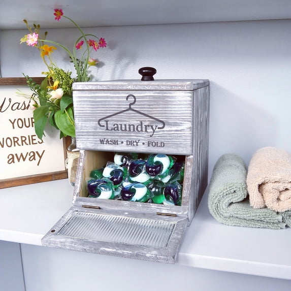 Bekitchen Farmhouse Laundry Pod Holder & Dryer Sheet Container, Laundry Room Organization and Storage, Rustic Grey