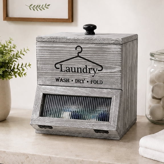 Bekitchen Wooden Laundry Pod Holder & Dryer Sheet Container, Laundry Storage Organizer, Rustic Grey