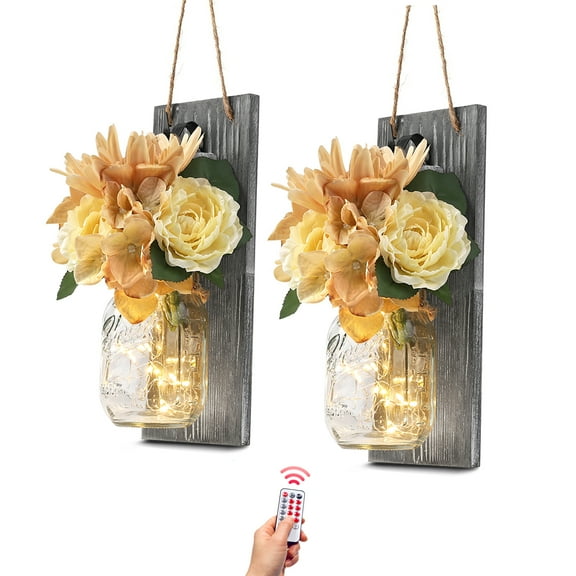 Bekitchen Mason Jar Wall Decor Set of 2, Wall Hangings For Living Room 4.2”Wx11”H with Remote LED String Lights 6 Hour Timer(Rustic Gray,Medium)