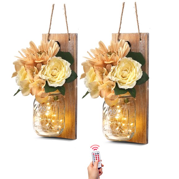 Bekitchen Rustic Wall Sconces Wall Decor Set Of 2, Farmhouse Wall Decor 4.2”Wx11”H with Remote LED String Lights 6 Hour Timer, Rustic Brown