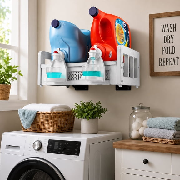 Bekitchen Wall Mounted Laundry Detergent Holder for 2 Bottles, Wooden Laundry Organizer Shelf with Drip Trays, Rustic White