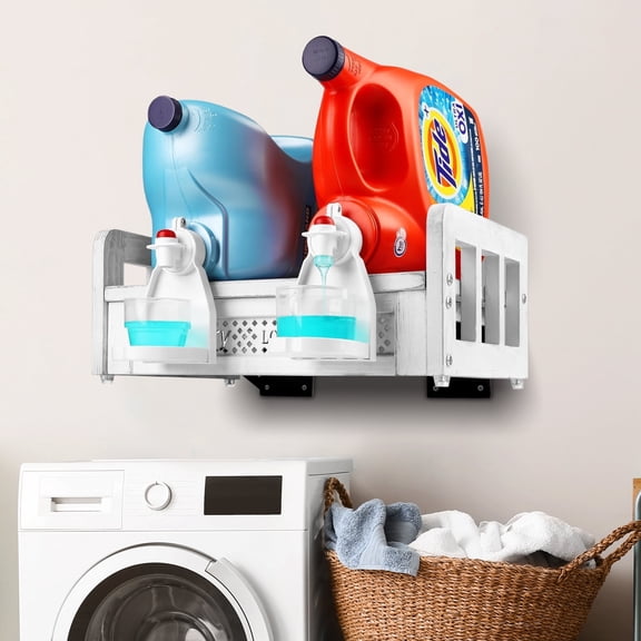 Bekitchen Rutic White Laundry Station Shelf Wall Mount, Farmhouse Laundry Detergent Dispenser Storage Organizer