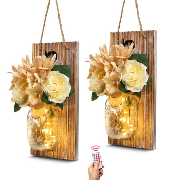 Bekitchen Sconces Wall Decor Set of 2, Country Home Decor With Led String Lights 5.75”Wx11.8”H, Large Rustic Brown