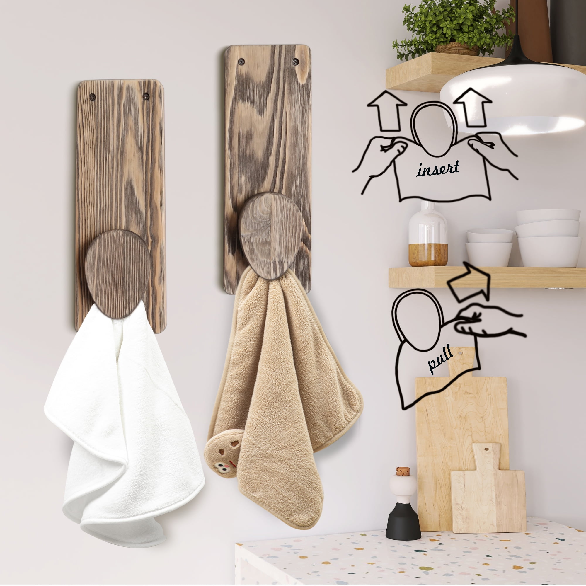 Bekitchen Wooden Kitchen Towel Hook, Wall Mounted Kitchen Towel Holder Set of 2 with Magic Marble, Natural